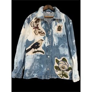 Upcycled Denim Jacket Butterfly Mushroom Folk Art Patch Boho Utility Small
